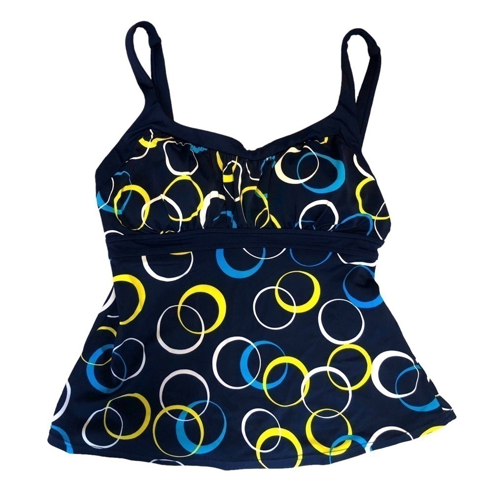 CARIBBEAN JOE - Navy Blue Tankini Tank Top w/ White & Yellow Circles - Size 10